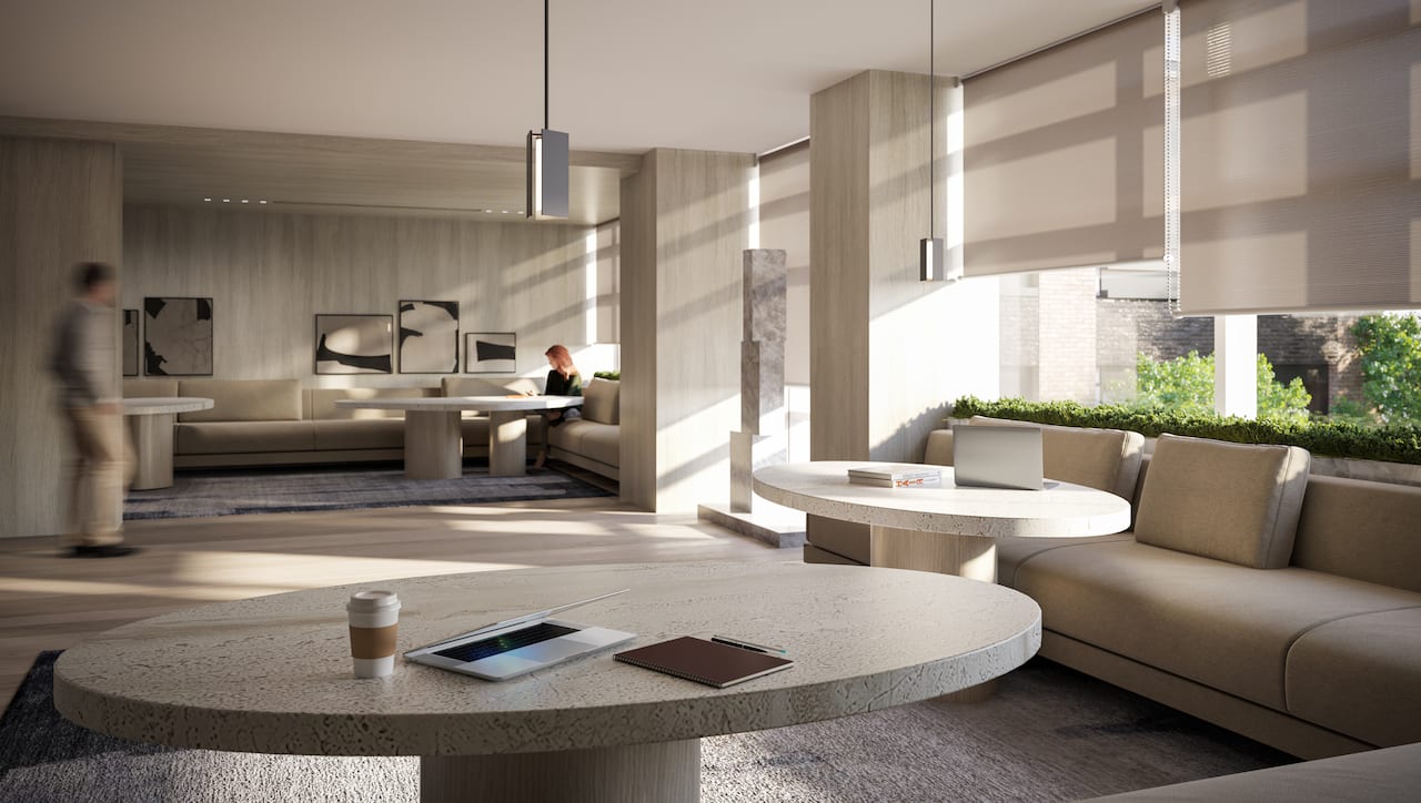 Rendering of The Design District condos interior shared co-working lounge