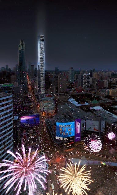 Rendering of Concord Sky Condos exterior at night with fireworks