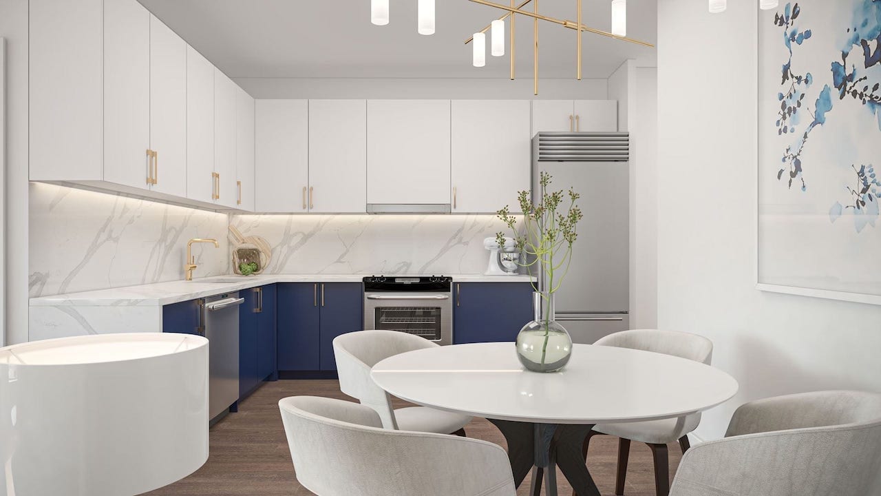 Rendering of Louie Condos suite kitchen and dining space