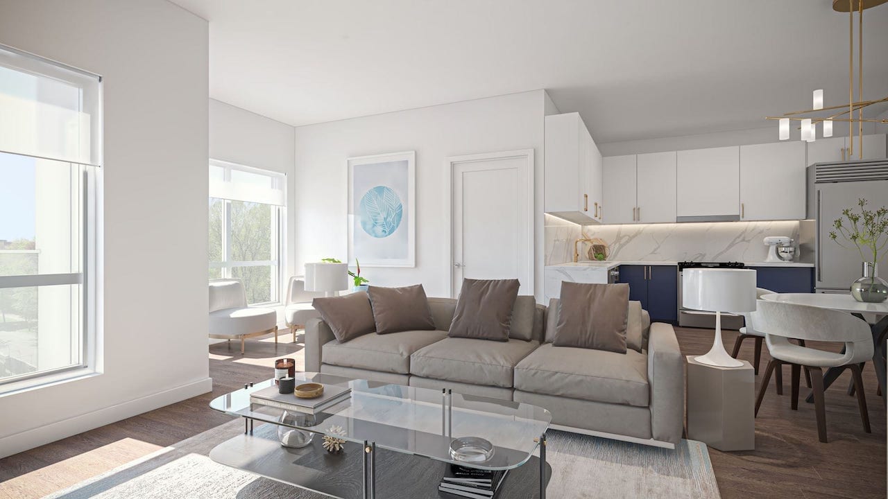 Rendering of Louie Condos suite open-concept living room