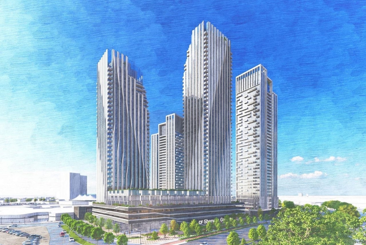 Rendering of 25 The West Mall Condos exterior full view 4 towers
