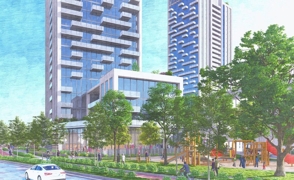 Rendering of 25 The West Mall Condos exterior greenery walking path