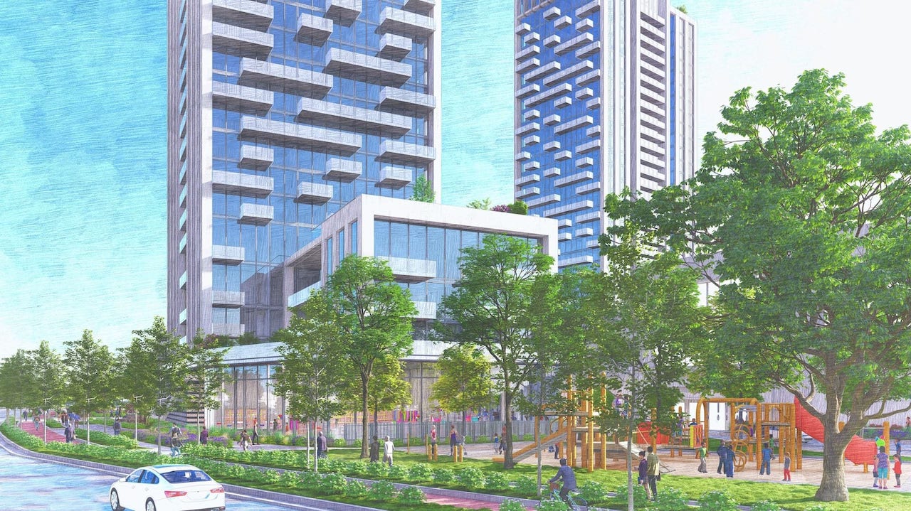 Rendering of 25 The West Mall Condos exterior greenery walking path