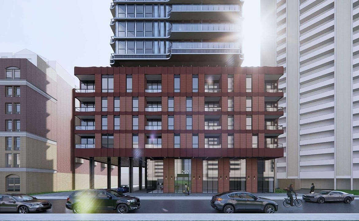 Rendering of 289 Balliol Condos exterior podium front-facing view and streetscape
