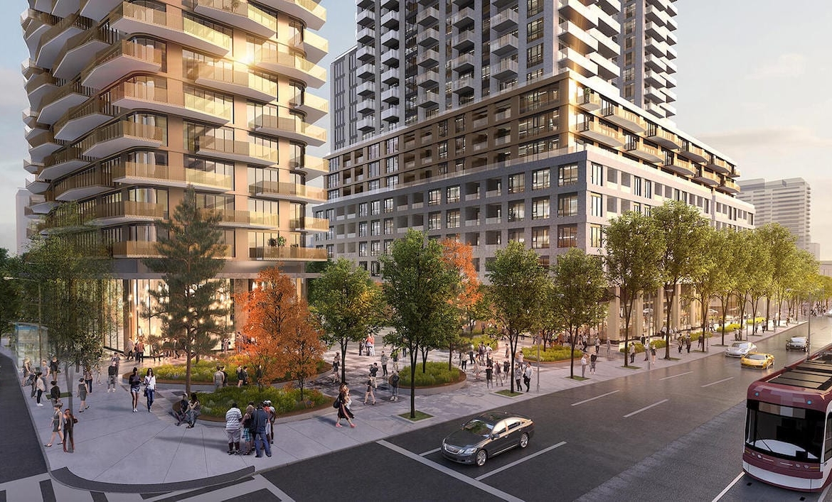 Rendering of 490 St. Clair Condos aerial streetscape at dusk