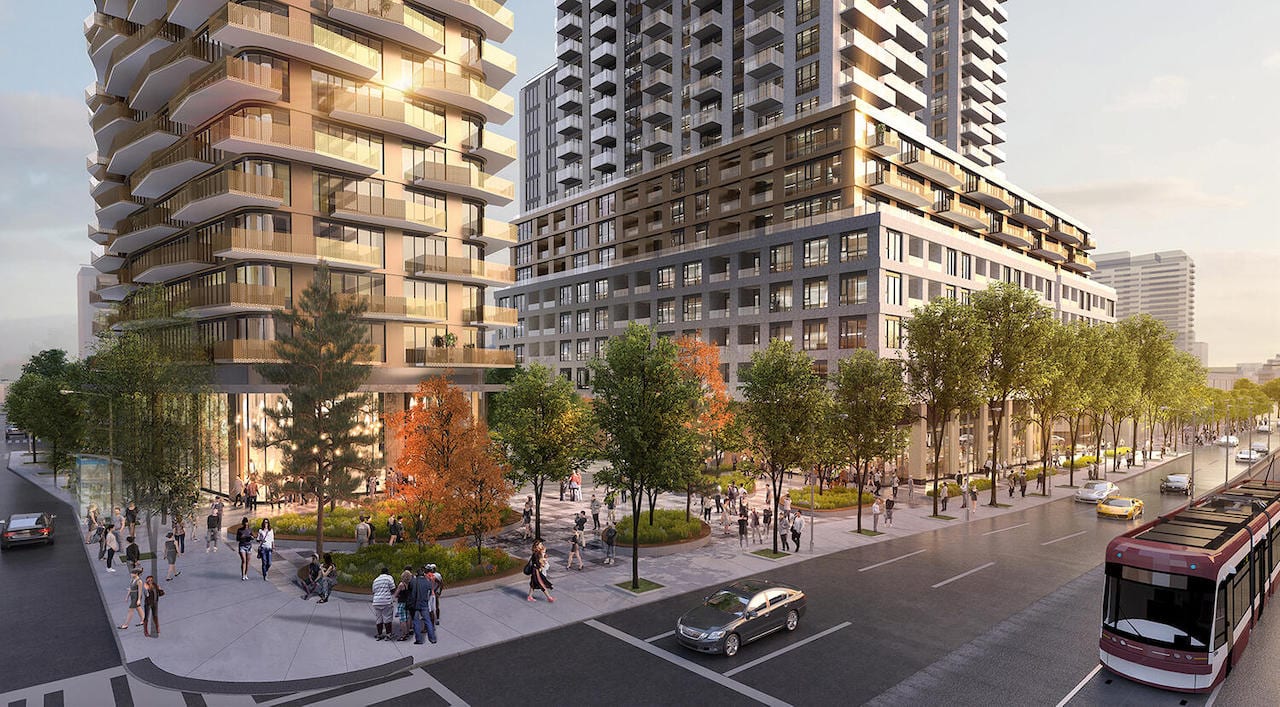 Rendering of 490 St. Clair Condos aerial streetscape at dusk