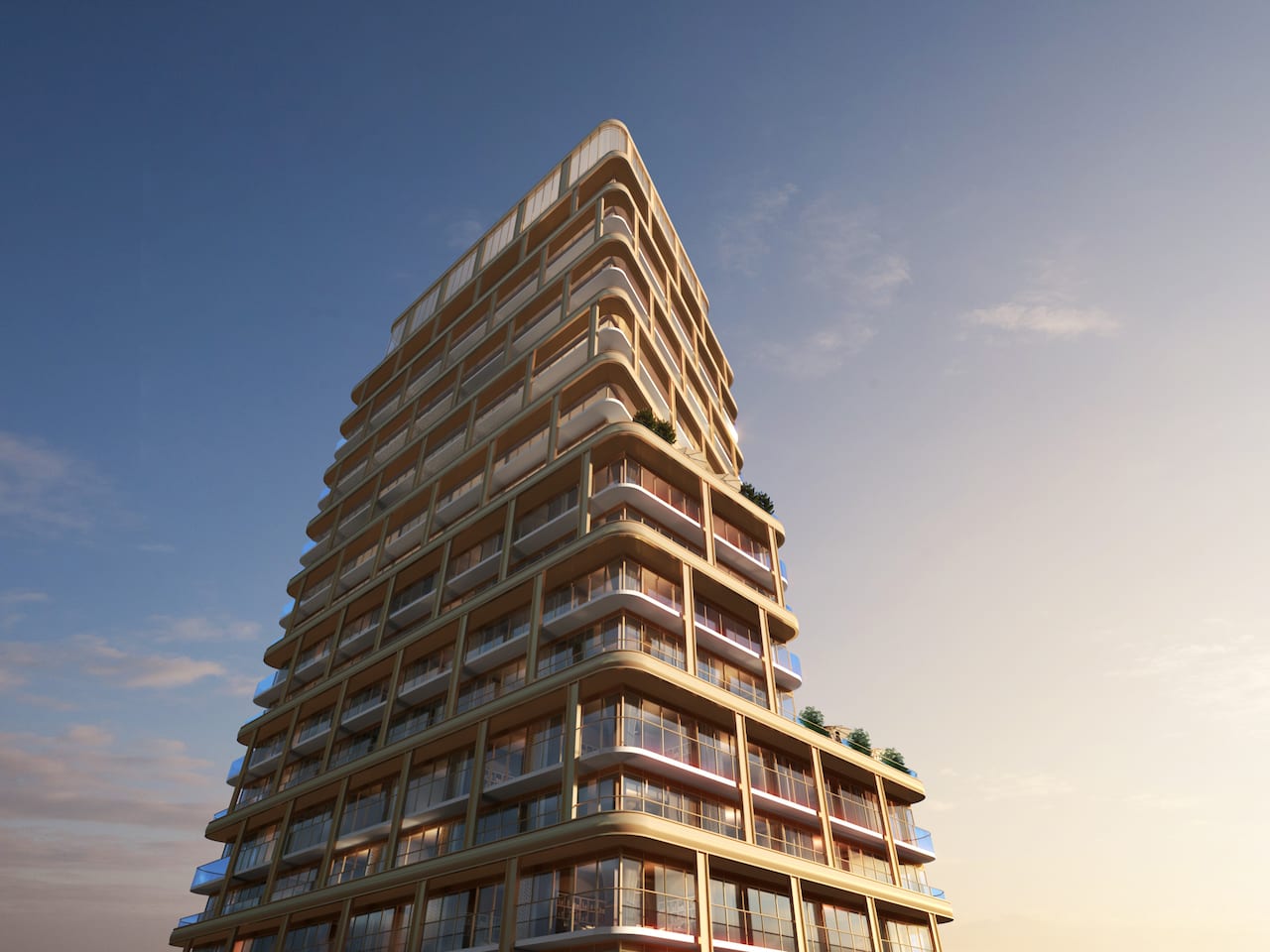 Exterior rendering of 8 Elm Condos worms-eye-view