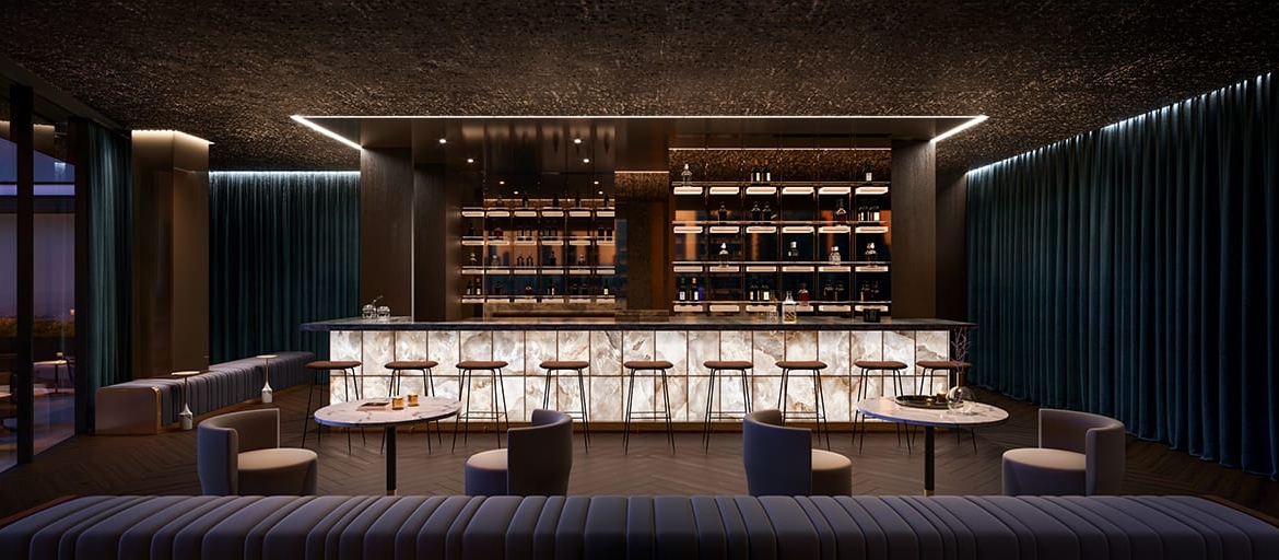Rendering of 8 Elm Condos event space with bar