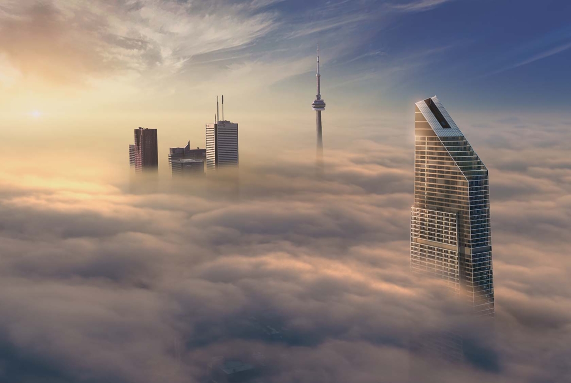 Rendering of Concord Sky Condos in the clouds with the CN Tower