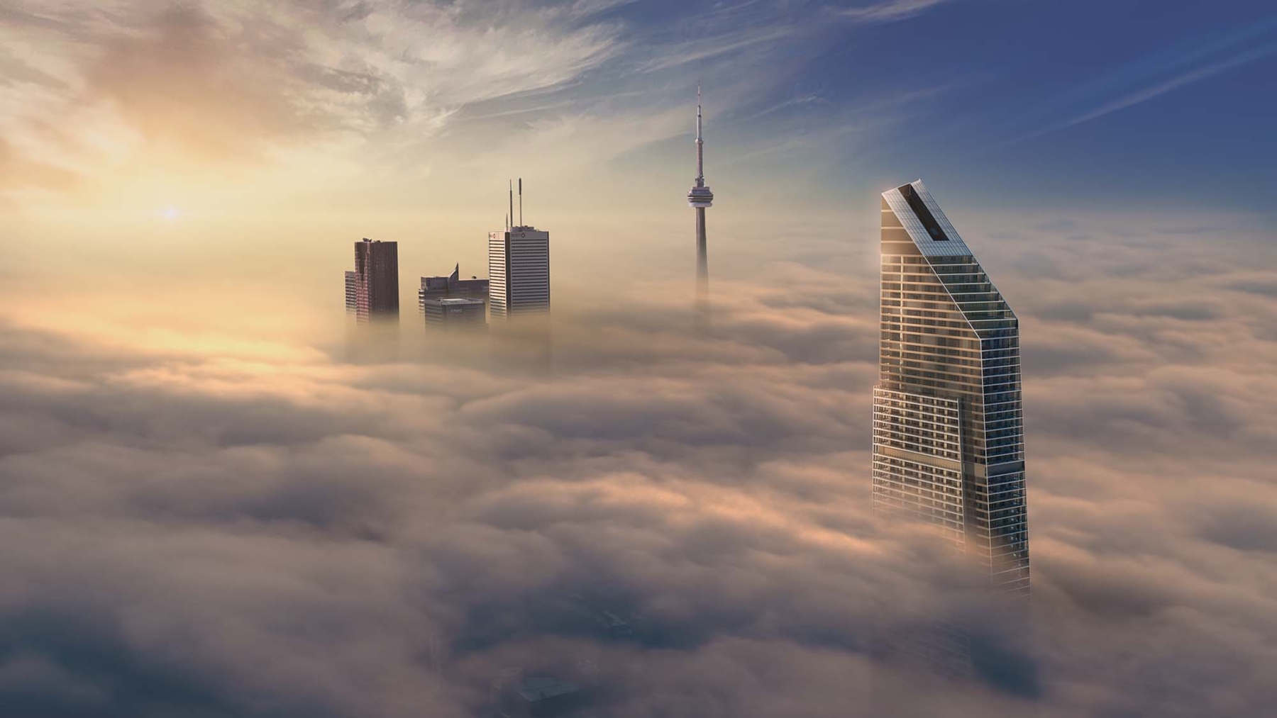 Rendering of Concord Sky Condos in the clouds with the CN Tower