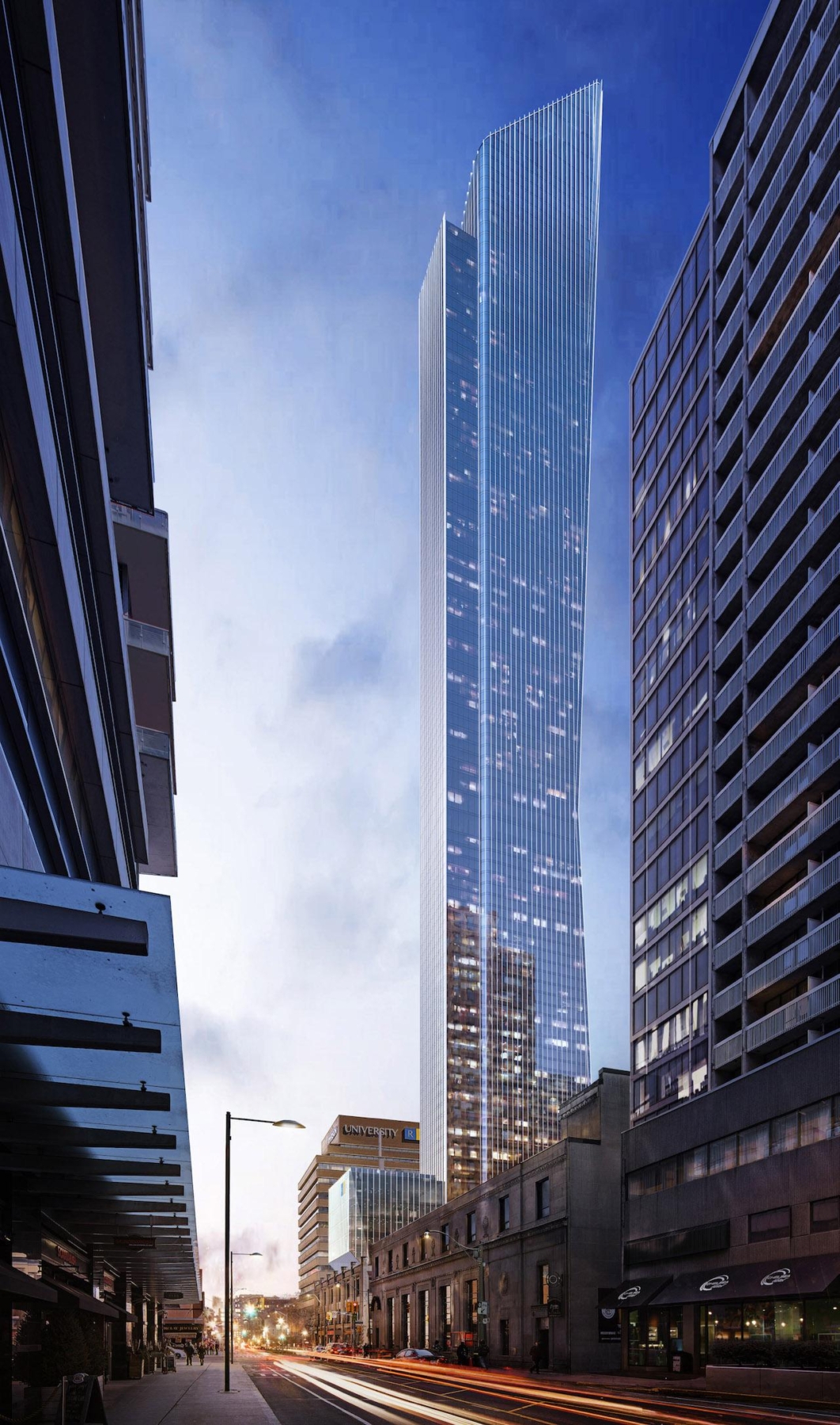 Rendering of Concord Sky exterior in the evening full view with streetscape