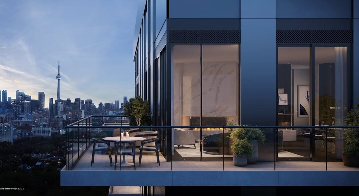 Rendering of Foret Condos exterior terrace at night