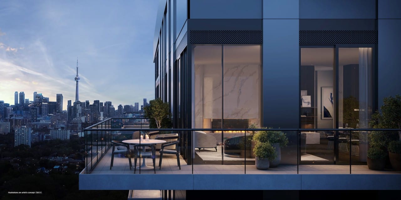 Rendering of Foret Condos exterior terrace at night