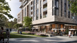 Rendering of Foret Condos exterior retail and park