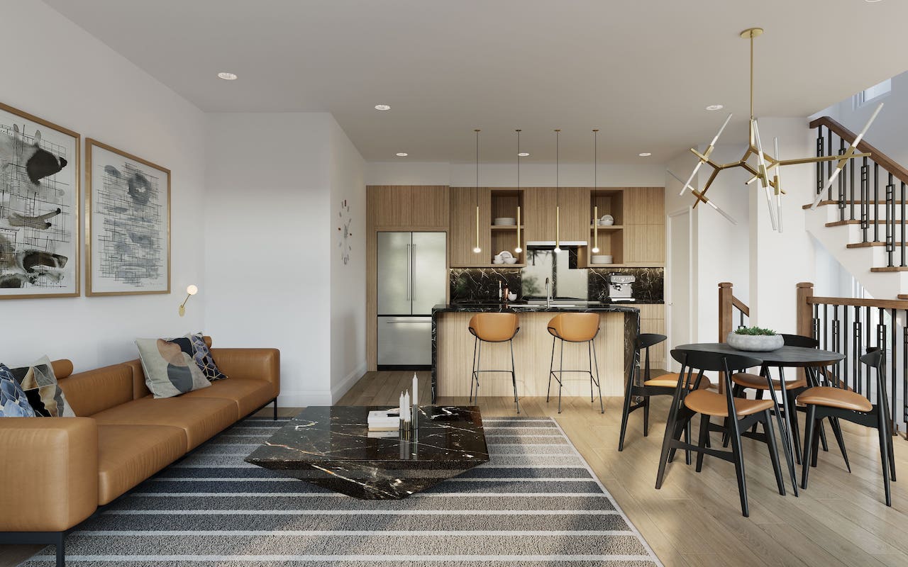 Rendering of Huntingdale Towns Ridge C interior kitchen and living room open-concept