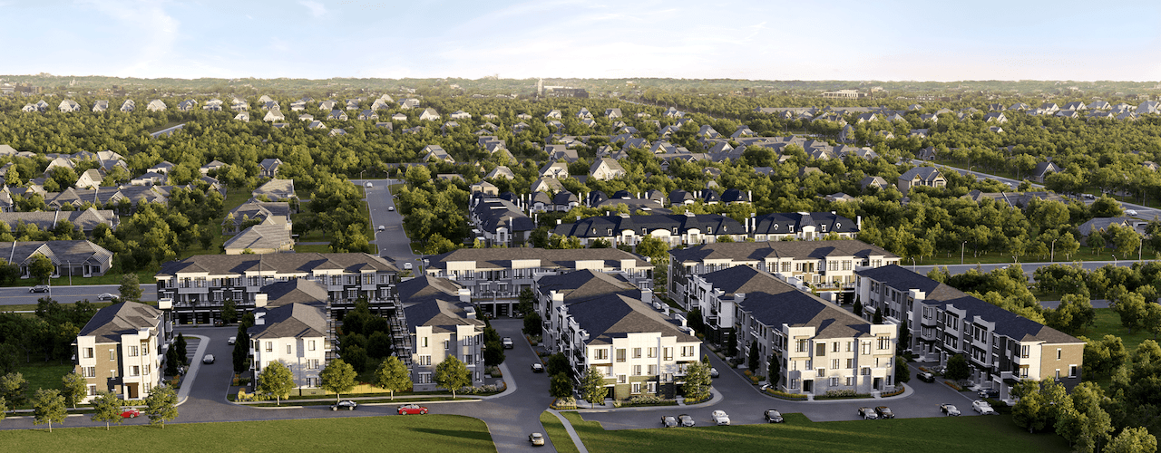 Aerial rendering of the Huntingdale Towns community in Scarborough Toronto