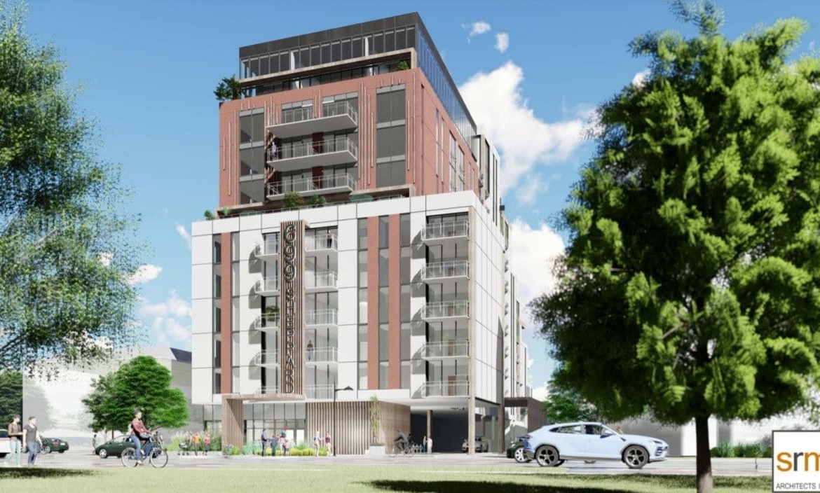 Rendering of Six99 Condos Exterior worms-eye-view