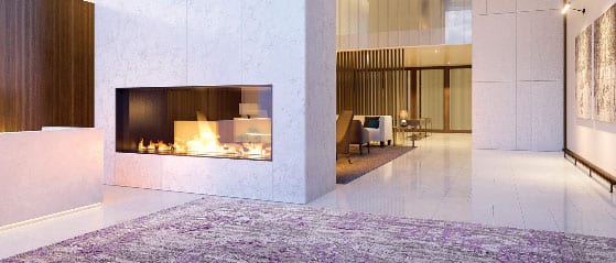 Rendering of SOLA Condos interior lobby with fireplace