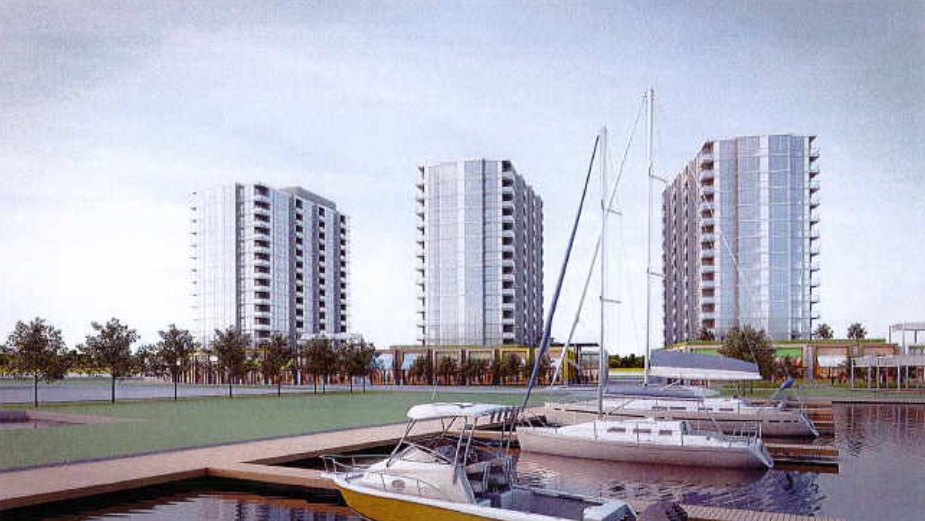 Rendering of Harbour 25 condos exterior view from marina