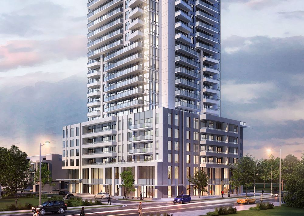 Rendering of Metro Park Condos exterior and streetscape