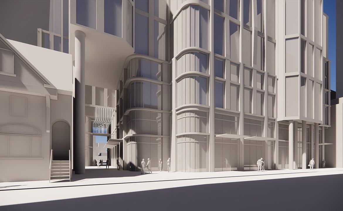 Exterior rendering of 260 Adelaide Condos entrance and streetscape