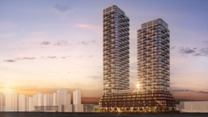 Rendering of 3 Swift Drive Condos exterior at sunset