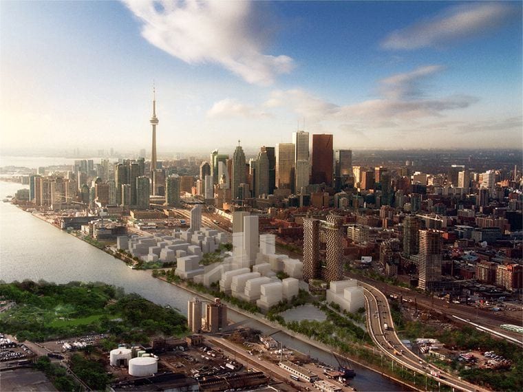 Rendering of 3C Waterfront Condo Community aerial full view with CN Tower in the background