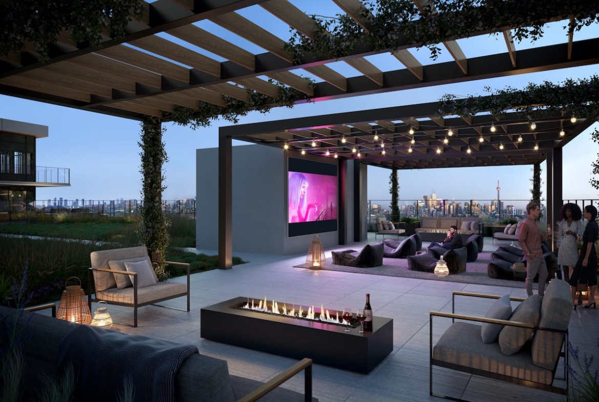 Rendering of Lakeview DXE Club outdoor movie lounge