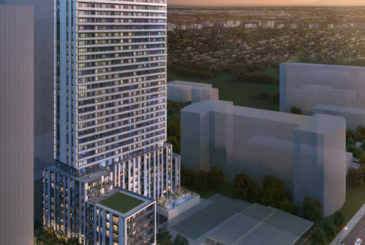 Rendering of Plaza on Yonge Condos exterior evening aerial