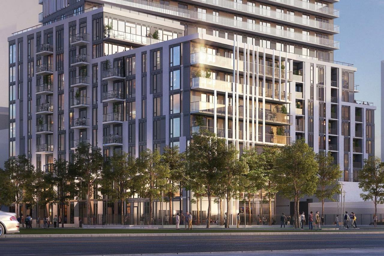 Rendering of Plaza on Yonge Condos exterior podium and streetscape evening
