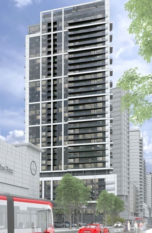 Rendering of 111 River Street Condos exterior full view angle 2