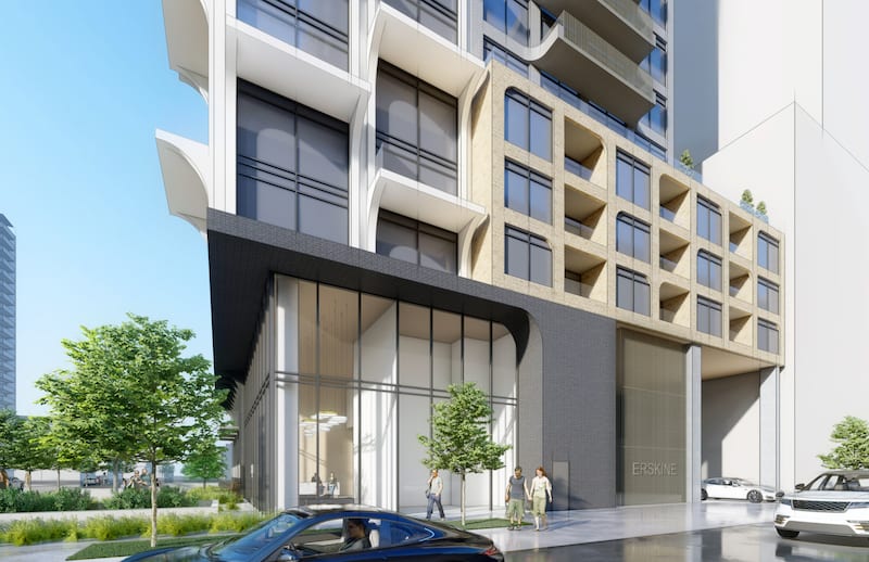 Rendering of 133 Erskine Condos exterior entrance at street-level