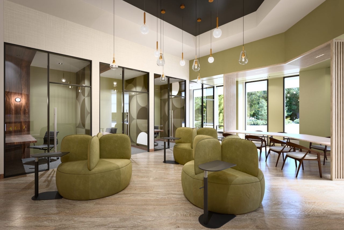Rendering of The Saw Whet Condos co-working lounge