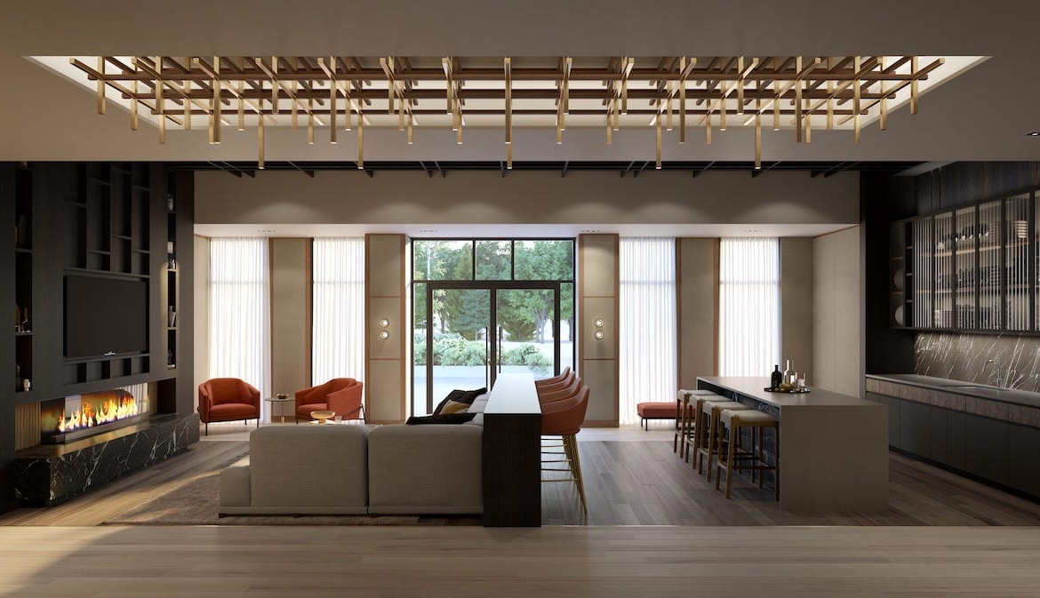Rendering of The Saw Whet Condos party room panoramic view