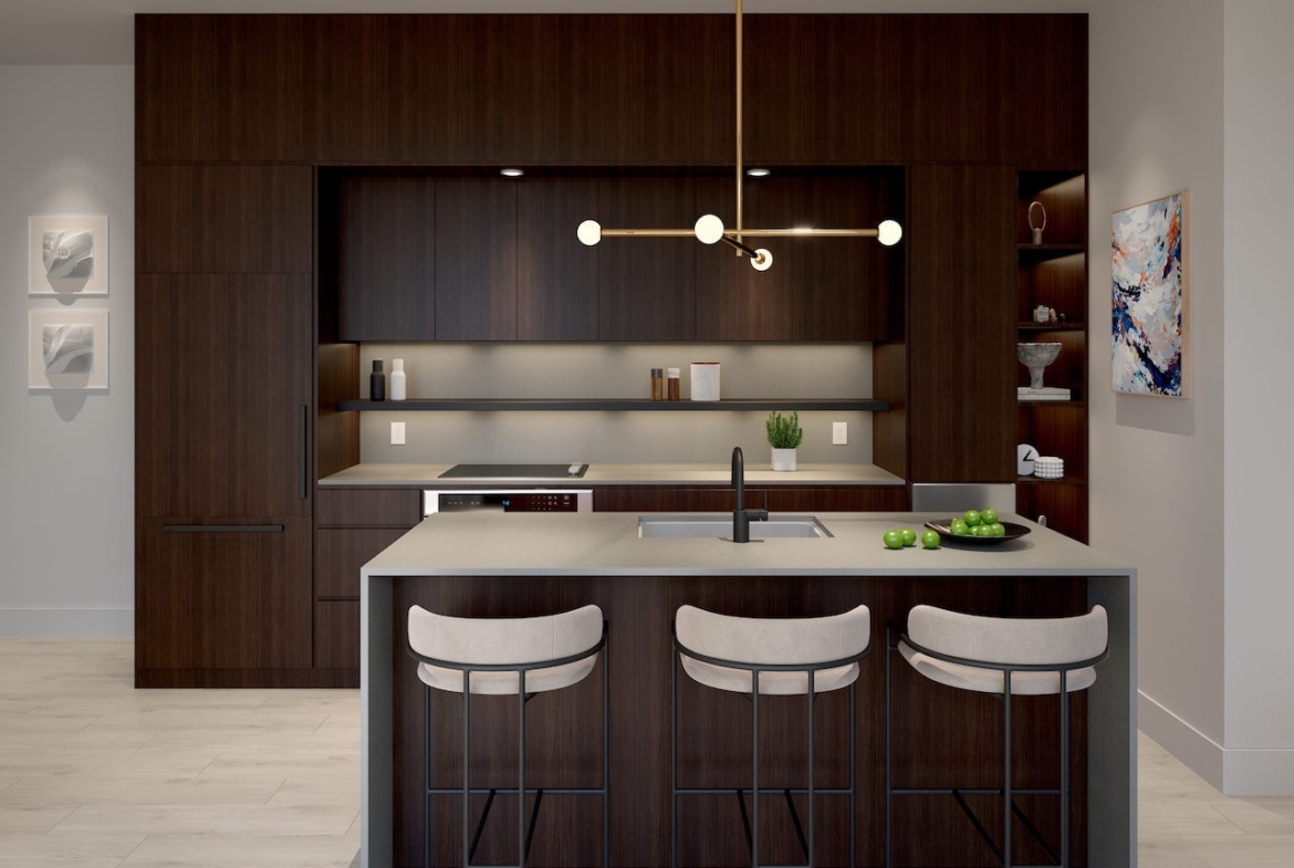 Rendering of The Saw Whet Condos suite interior kitchen