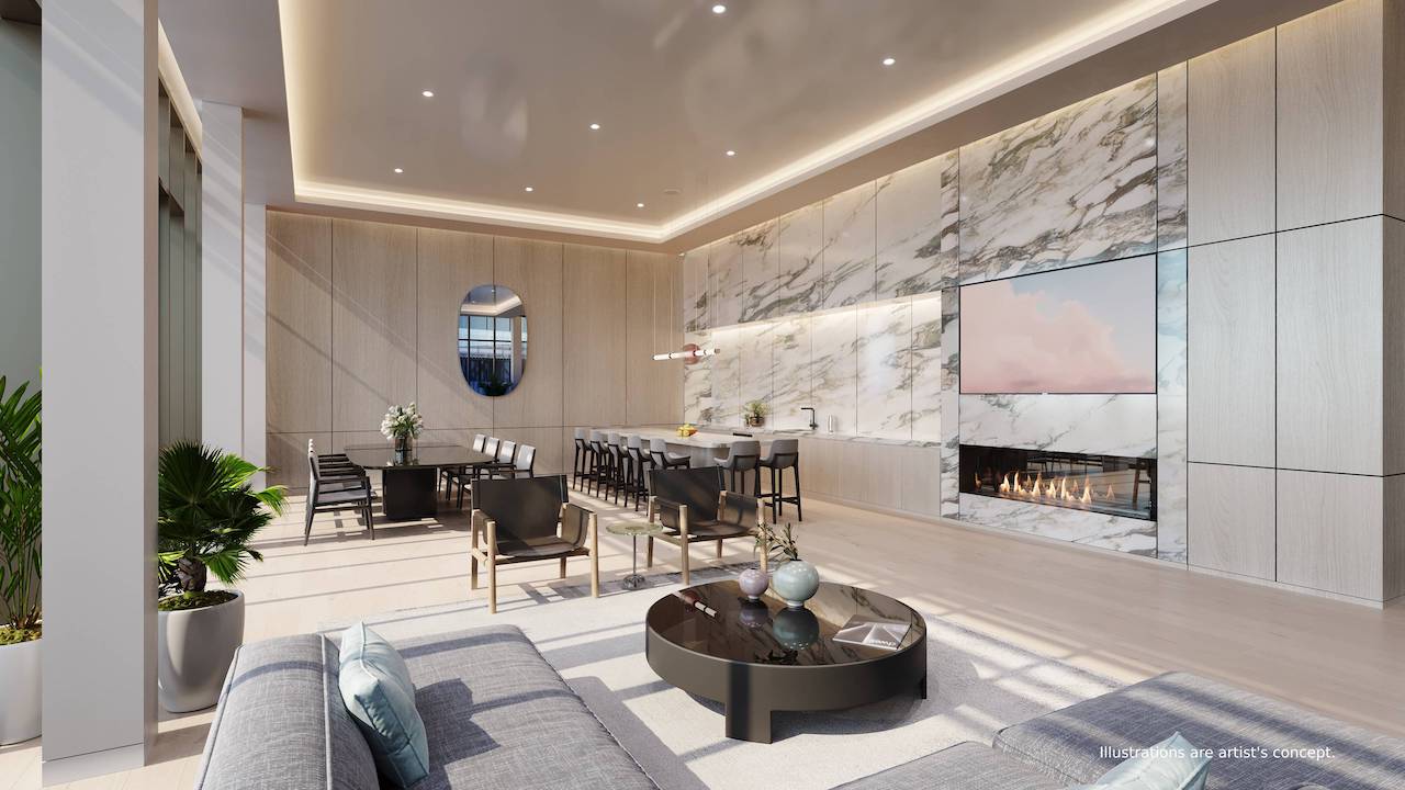 Rendering of Bridge House at Brightwater party room with fireplace