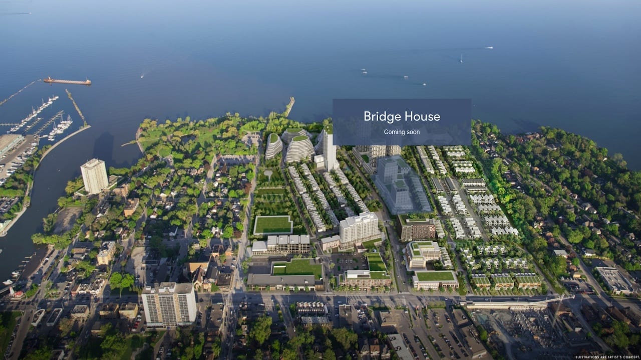 Rendering of Bridge House At Brightwater Condos aerial view with location marker