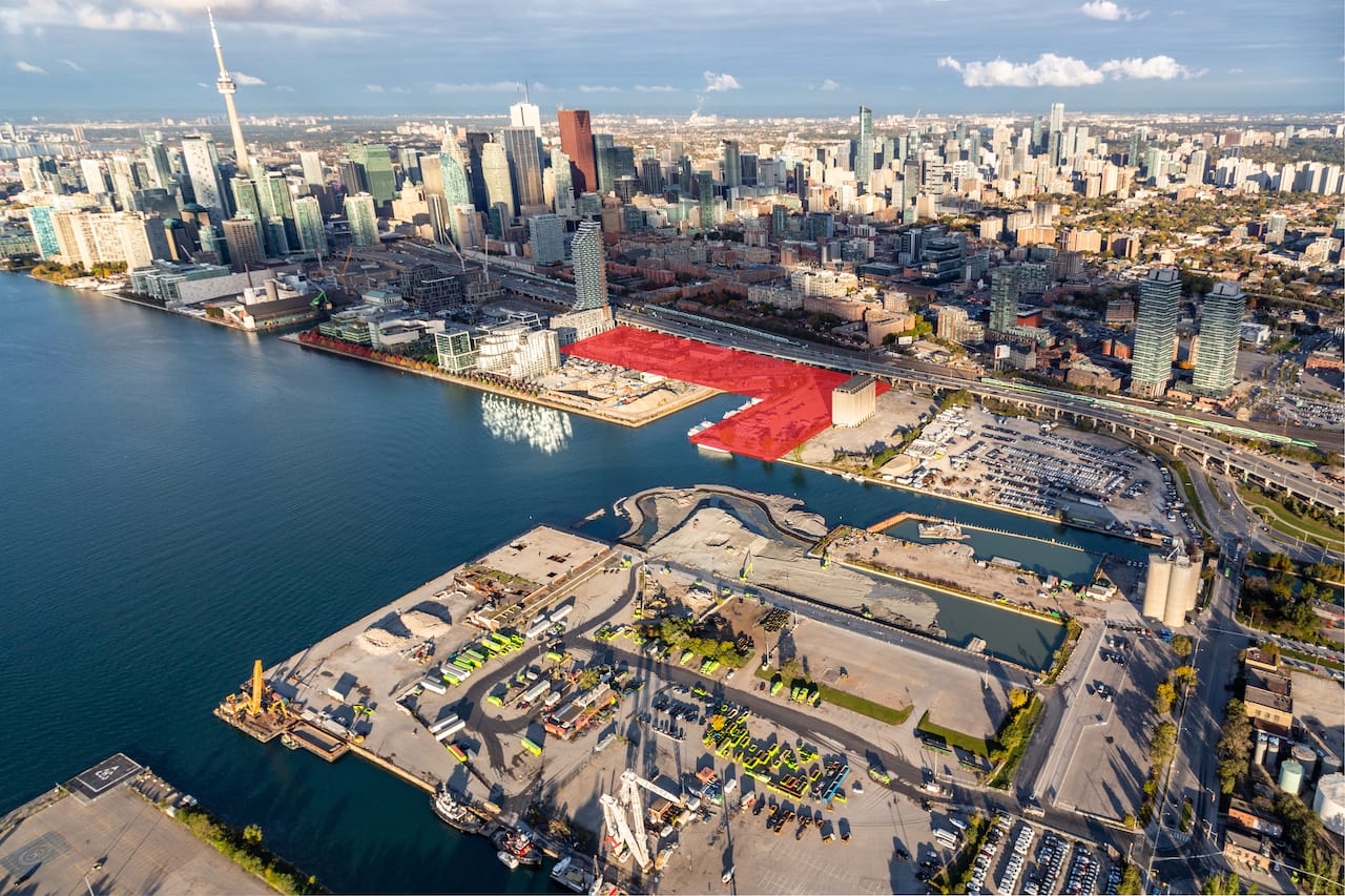 Rendering of Quayside Condos exterior aerial with development site highlighted in red