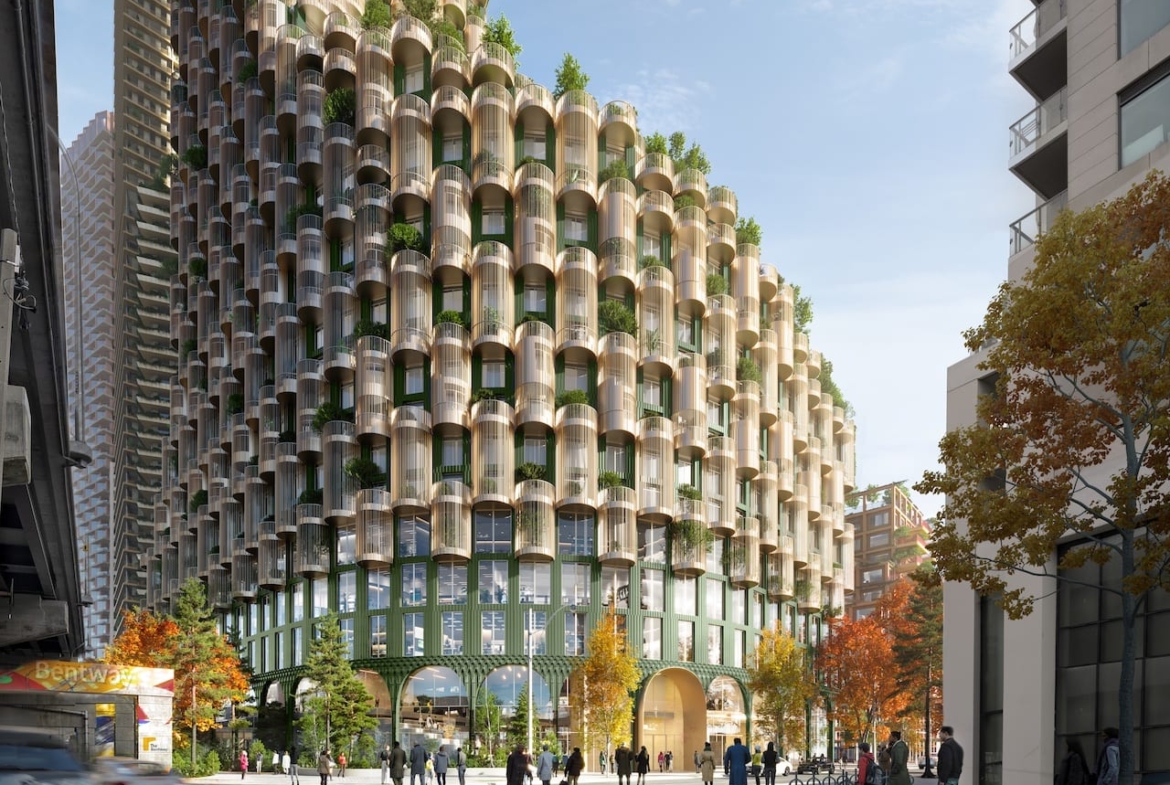 Rendering of Quayside Condos exterior rounded building with greenery