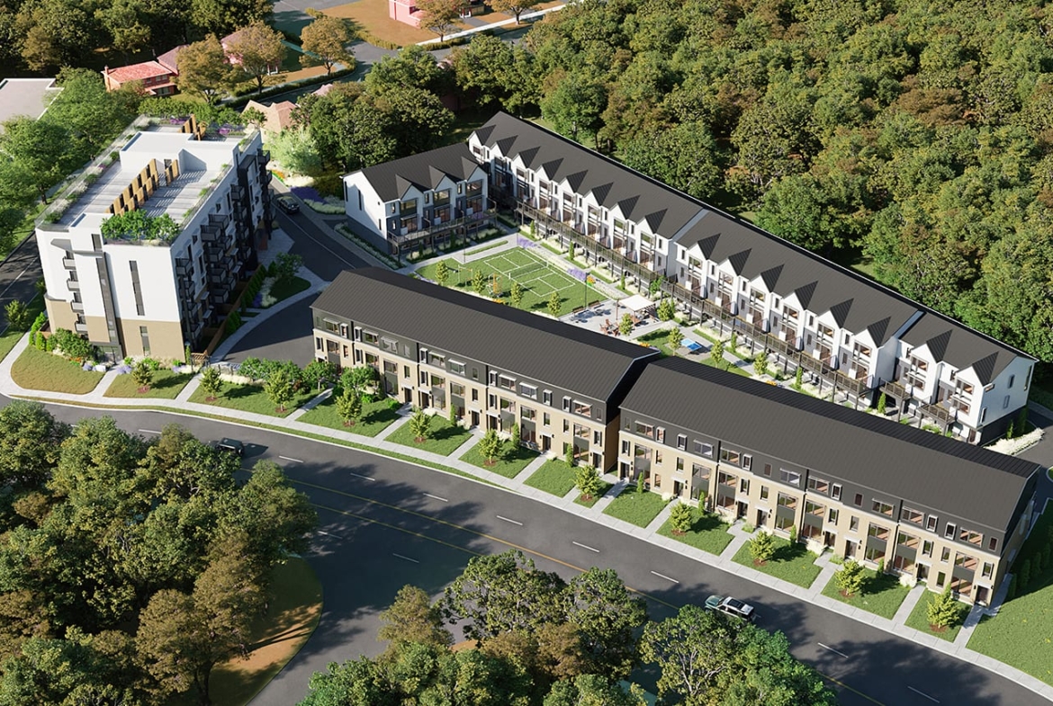 Rendering of Rainwater Condos exterior aerial of townhomes