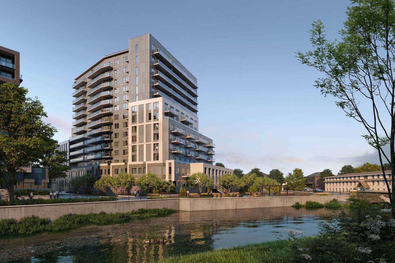 Rendering of Anthem Condos Tower 4 exterior view from The Speed River