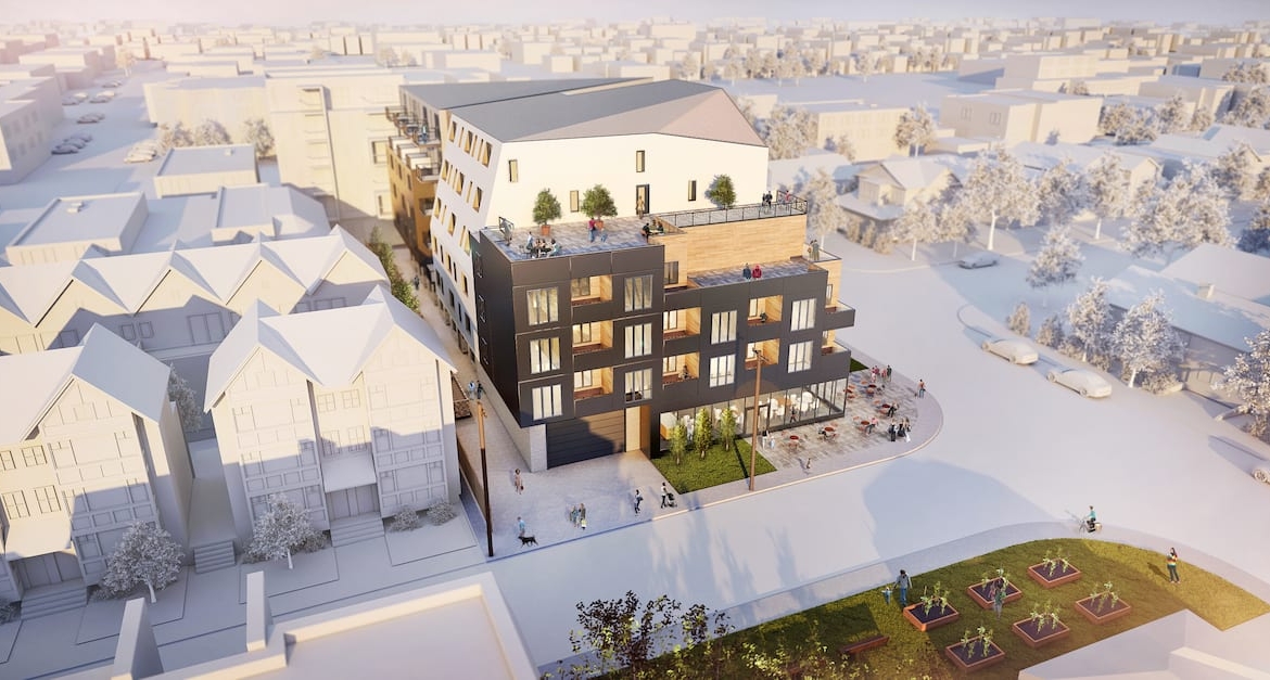 Rendering of Bankview 1914 Condos exterior aerial during the day