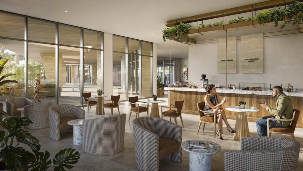 Rendering of Freed Blue Mountain Residences lobby with cafe