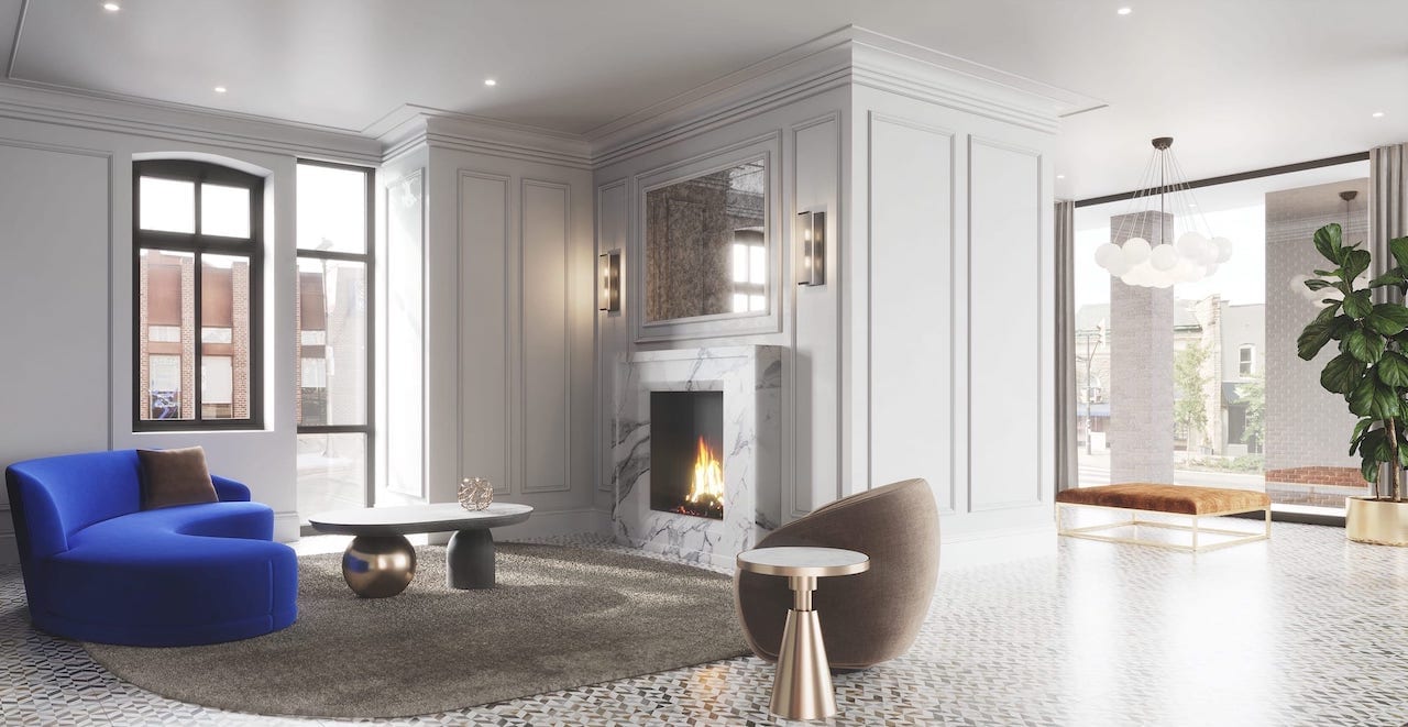 Rendering of McGibbon on Main Condos lobby with fireplace
