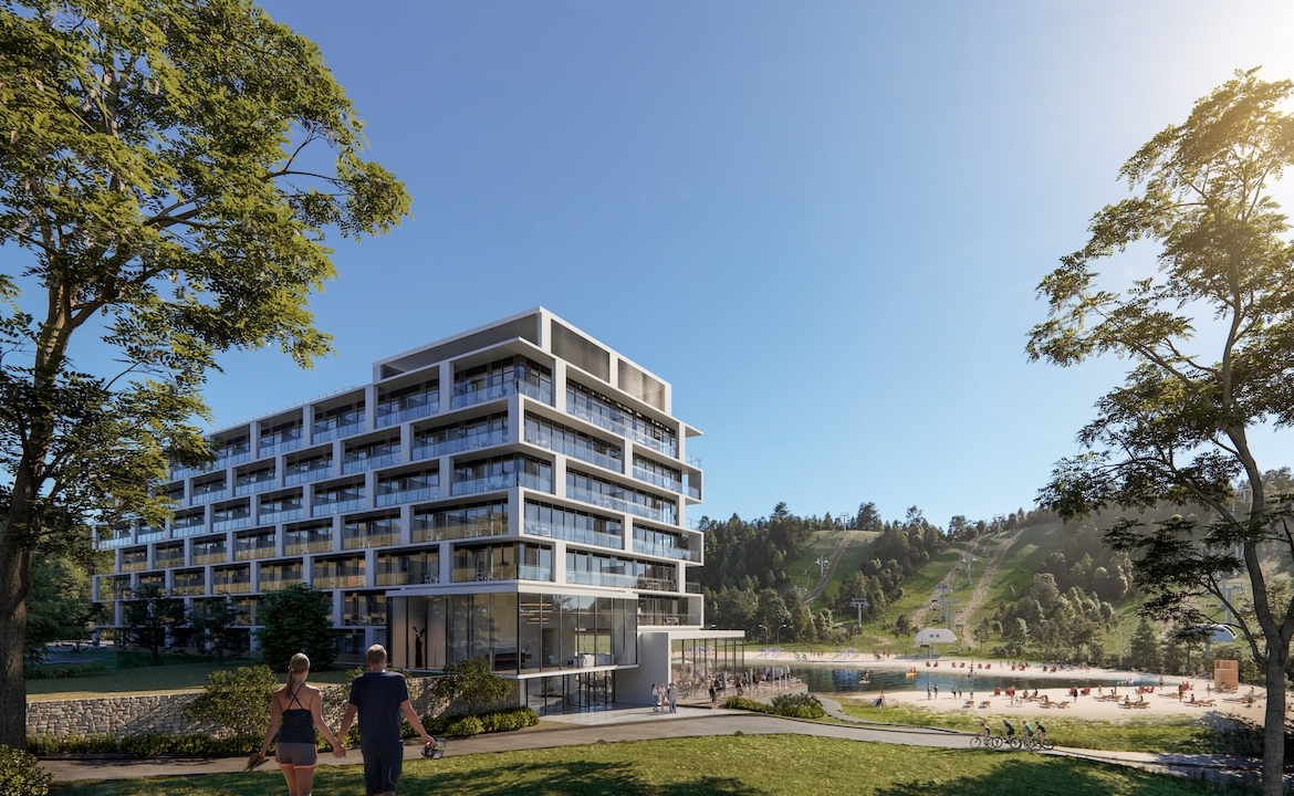 Exterior rendering of Horseshoe Residences side angled view during the day in summer.