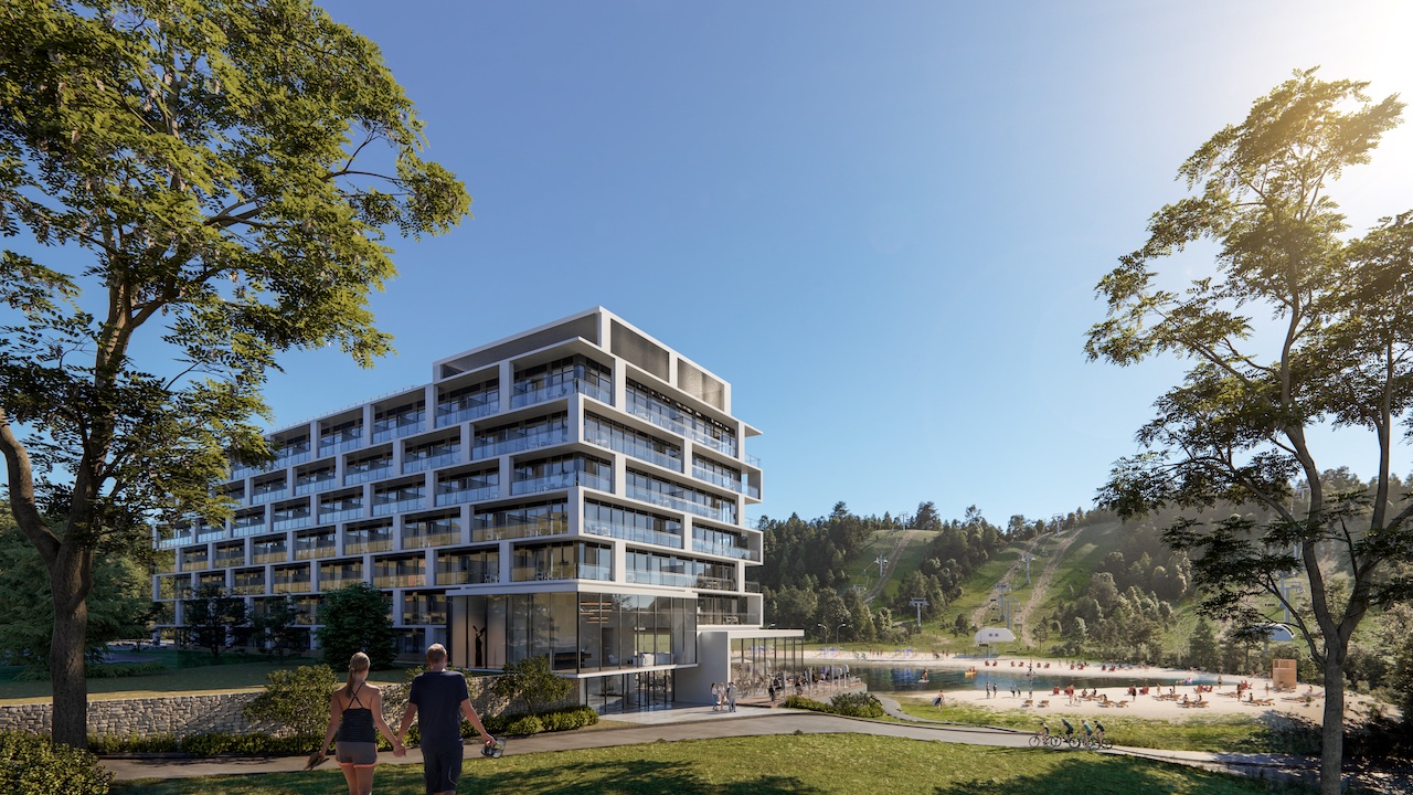 Exterior rendering of Horseshoe Residences side angled view during the day in summer.