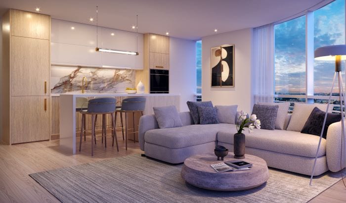 Rendering of Park Place Condos interior suite living room light