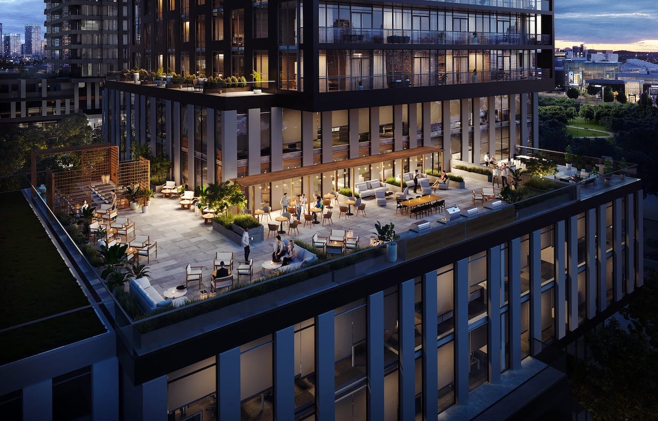 Rendering of Exchange Signature Residences rooftop aerial at night