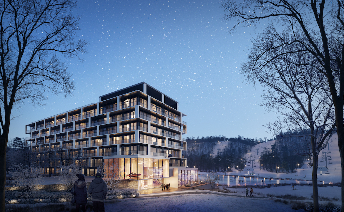 Exterior rendering of Horseshoe Residences at night in winter