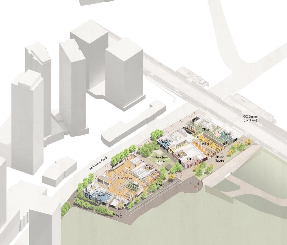 Rendering of Station Square + Park Lawn Gardens site plan aerial